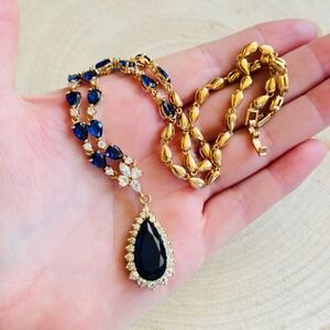 Regency Style Necklace blue crystal gold plated VTG Bridal Jeweled High end 18"